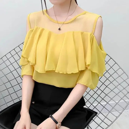 Off Shoulder Sexy Chiffon Blouses Women 2025 Summer Korean Fashion