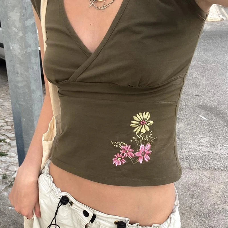SUCHCUTE Retro Geen Floral Embroidery V Neck Cap Sleeve Tops Y2k