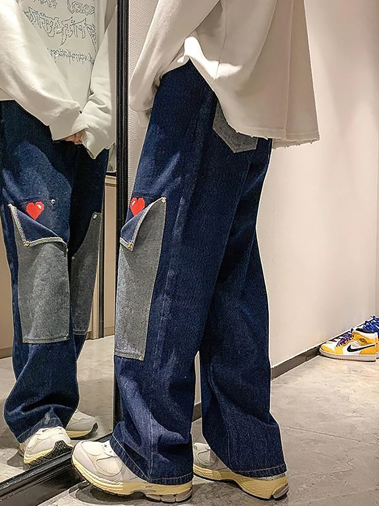 Harajuku Wide Leg Baggy Cargo Jeans Pants Men Heart Oversize Straight
