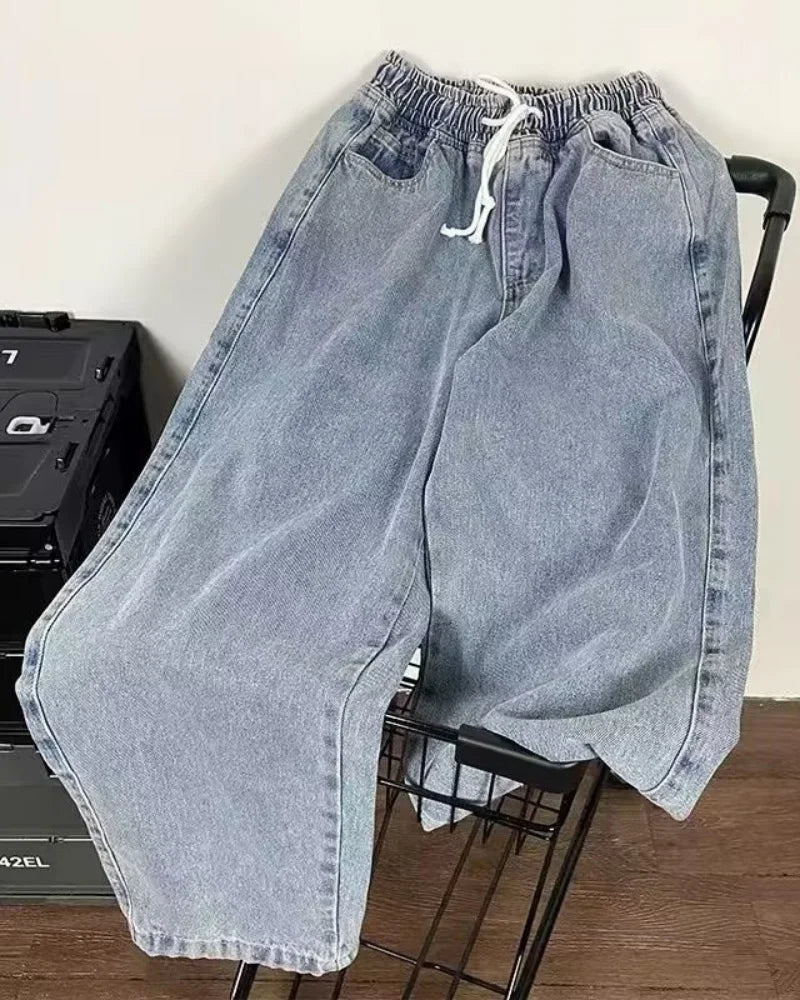 Men's Winter Loose Jeans Elastic Waist Wide Leg Y2K Denim Pants