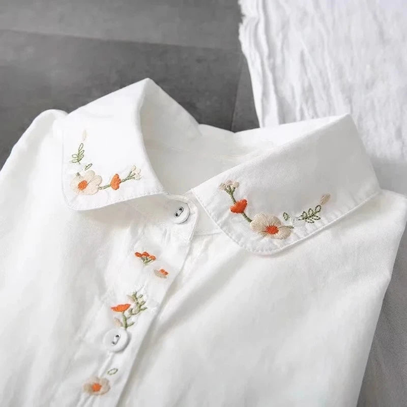 New Pure Cotton White Shirts Women Turn Down Collar Embroidered Long