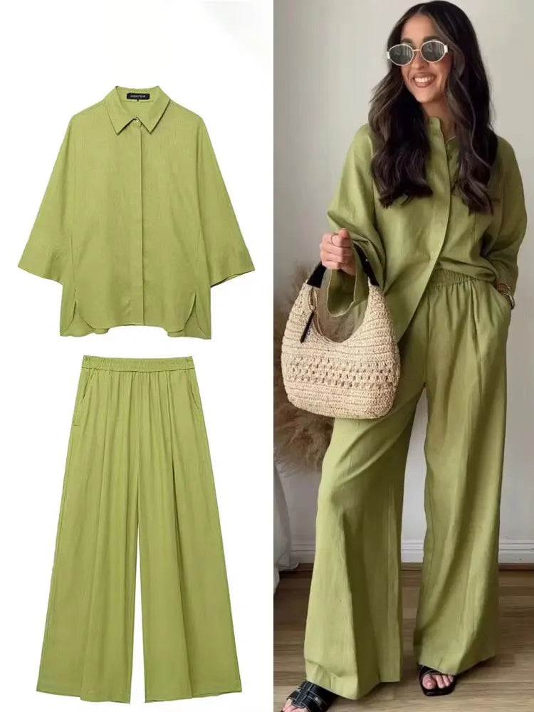 HH Women Casual Solid Blouse Pant Sets Loose Long Sleeve Lapel Shirts
