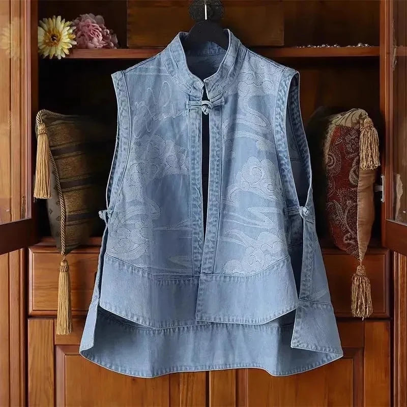 Ethnic Chinese Style Buckle Spring Summer Denim Vest Wearing A New
