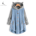 Cat Print Long Hoodies Sweatshirt Women Fleece Warm Button Pocket