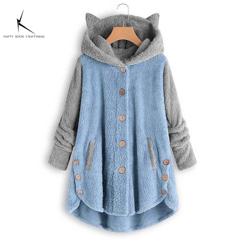 Cat Print Long Hoodies Sweatshirt Women Fleece Warm Button Pocket