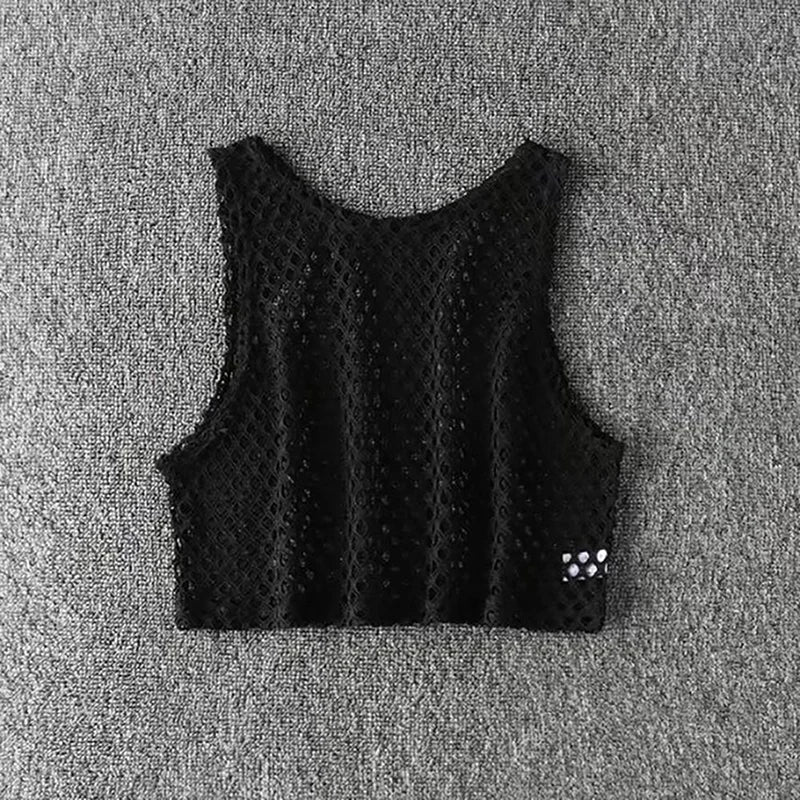Sexy Black/Red Hollow Out Crop Top 2023 Mesh T-shirt Female Loose