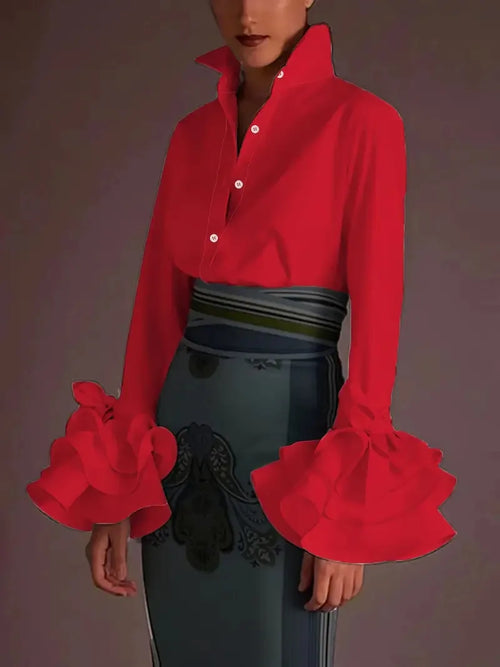 Women Elegant Flared Sleeves Falbala Blouses Tops Spring Autumn New