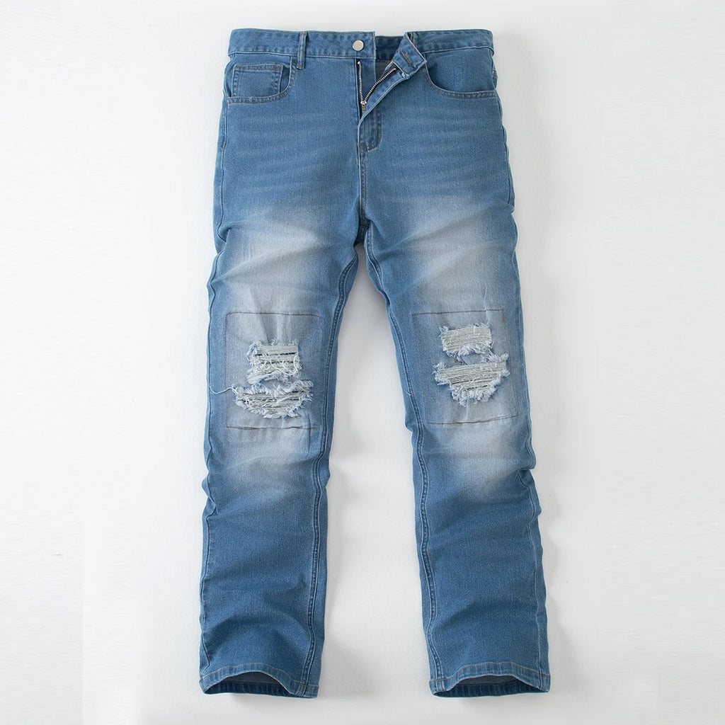 Men's Jeans Autumn And Winter Solid Color Blue Ripped Hole Fashionable