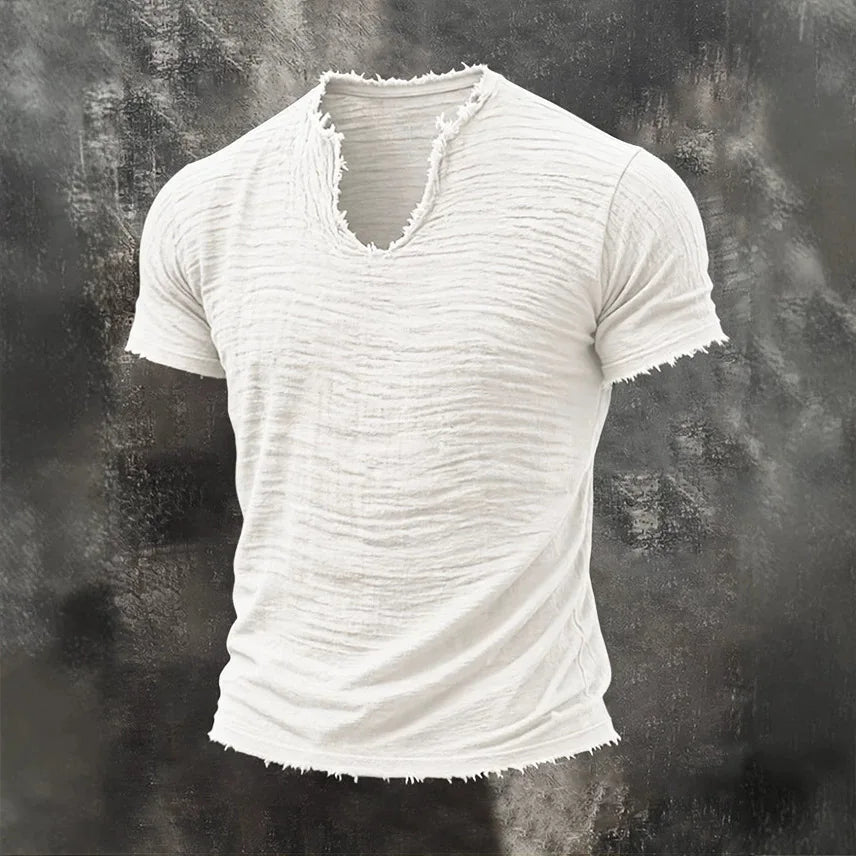 Men Frayed V Neck Short Sleeve T Shirt Wrinkled Texture 100% Cotton