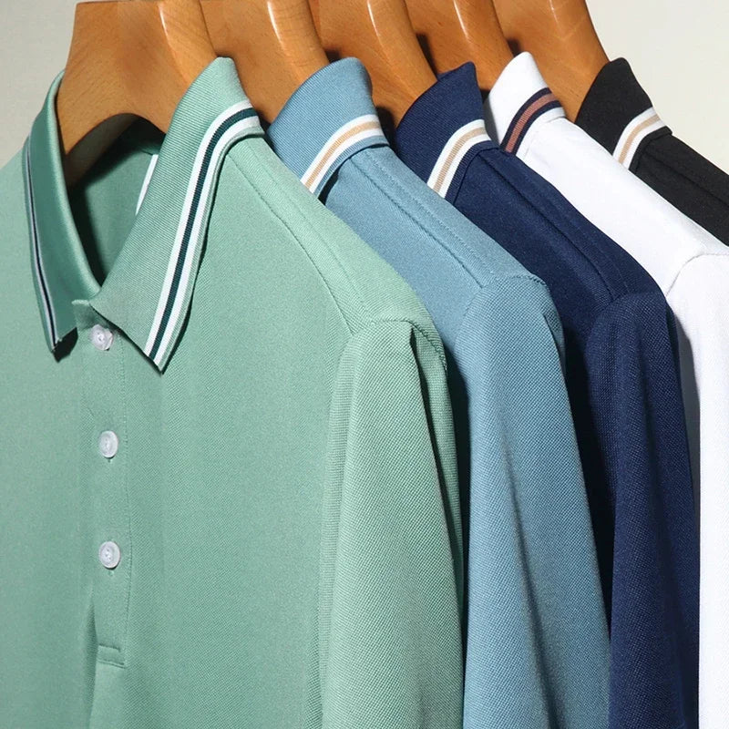Men's Fashion Solid Short Sleeved Striped Lapel Polo Shirt Summer