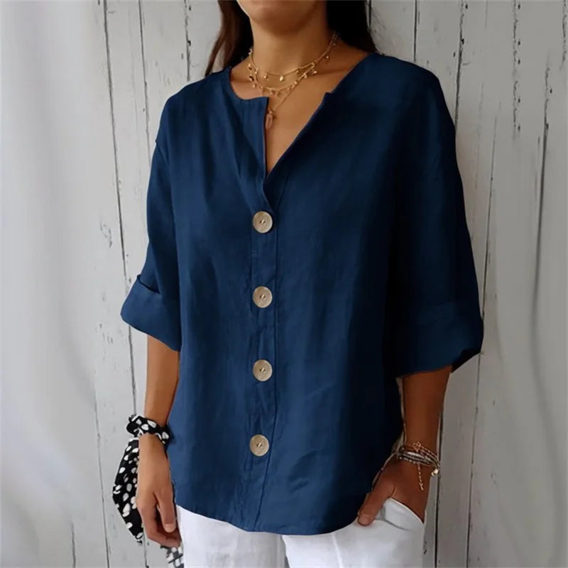 Summer Loose Shirt Women's V-Neck Cotton Linen Button Top Casual