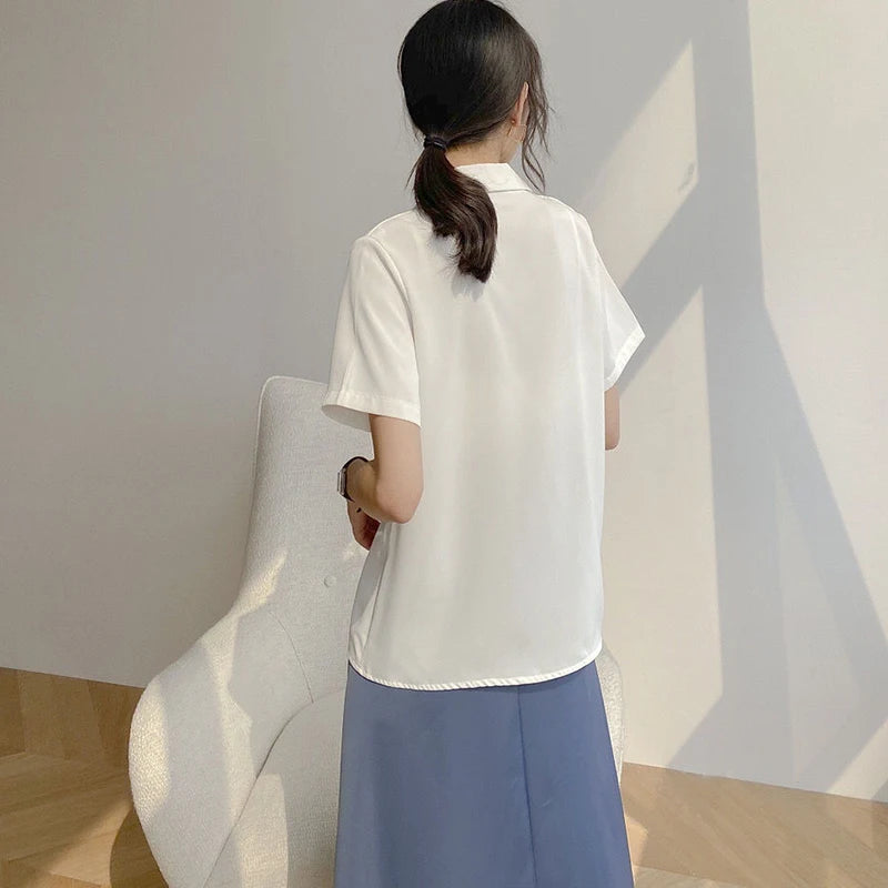 Women Summer Chiffon Blouse Elegant Short Sleeve V Neck Loose Shirt