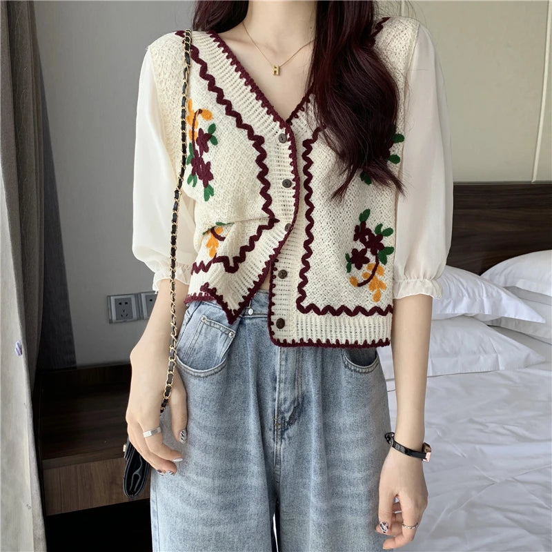 Flower Embroidery Crochet Blouse with Chiffon Sleeve Button Front