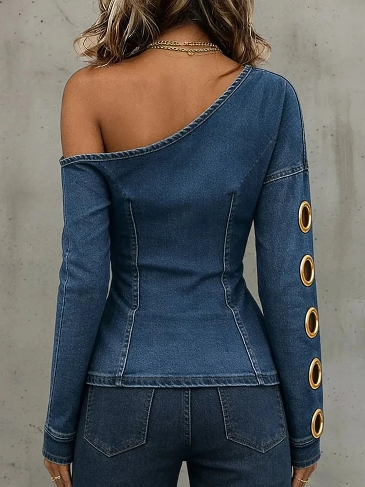 Retro Denim Off-shoulder Top for Women Oblique Collar Long Sleeve