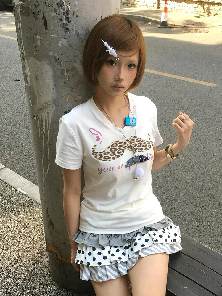 Tonngirls Y2k vintage T Shirt Women Short Sleeve Leopard-print