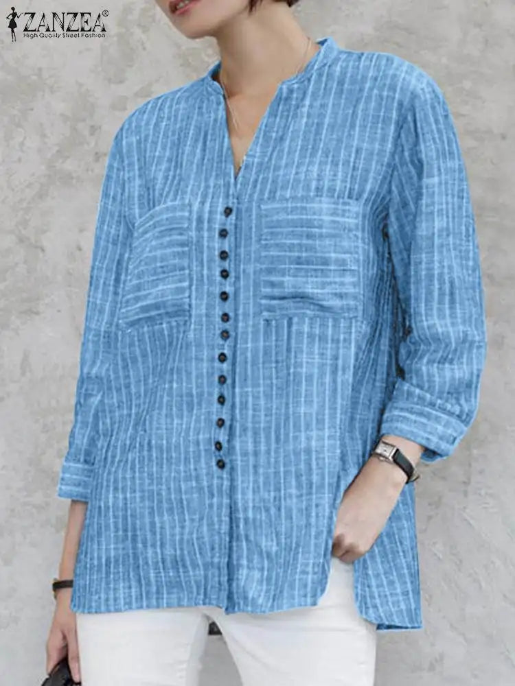 ZANZEA Women Vintage Striped Blouse Summer 3/4 Sleeve Loose Shirt