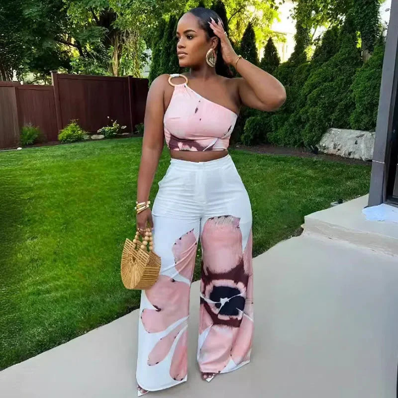 Floral Print Summer Two Piece Set Women Holiday One Shoulder Crop Top