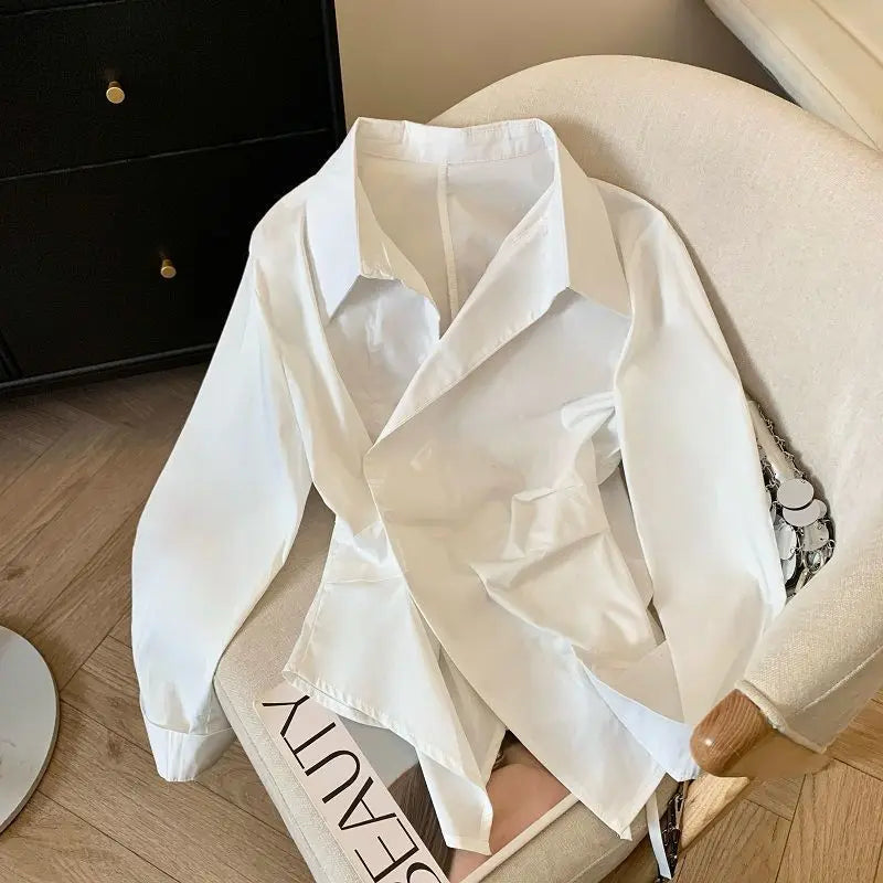 Designer Irregular Long sleeve Polo Shirt Women Tunic White Elegant
