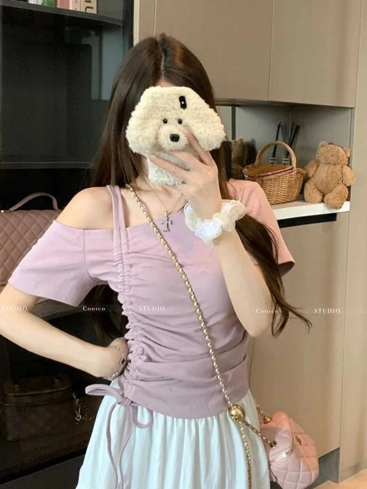 Sweet One shoulder Drawstring Short sleeve T shirt Women Summer Off