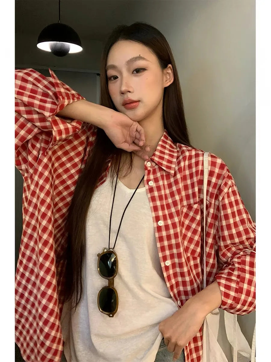 2026 Y2k Autumn Women New Vintage Red Plaid Turn-down Collar