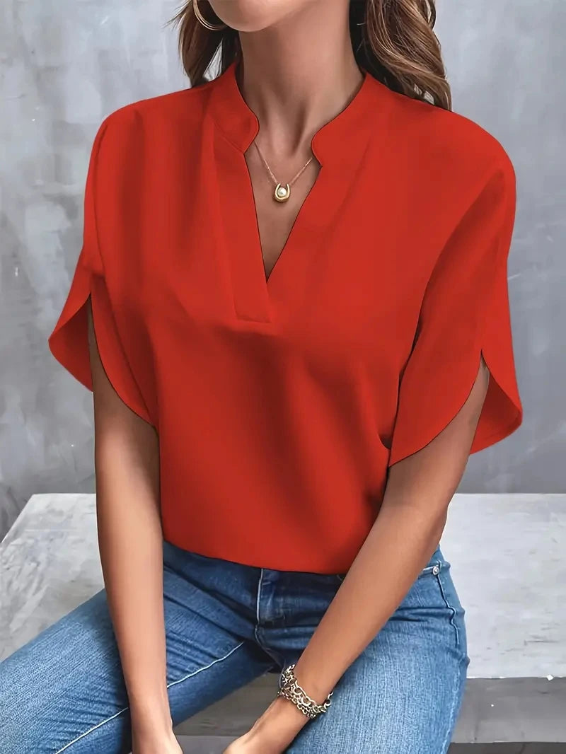 Women Elegant Solid Chiffon Blouse Spring Summer Casual Long Sleeve V
