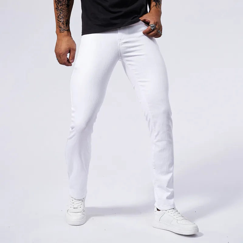 Summer new men's white casual versatile high elastic straight leg