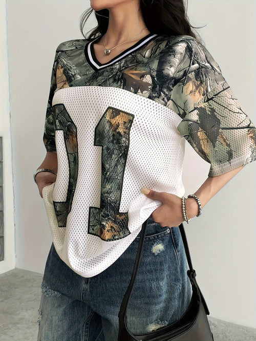 Summer Women's V-Neck Camouflage Letter Print Sport Quick-Drying