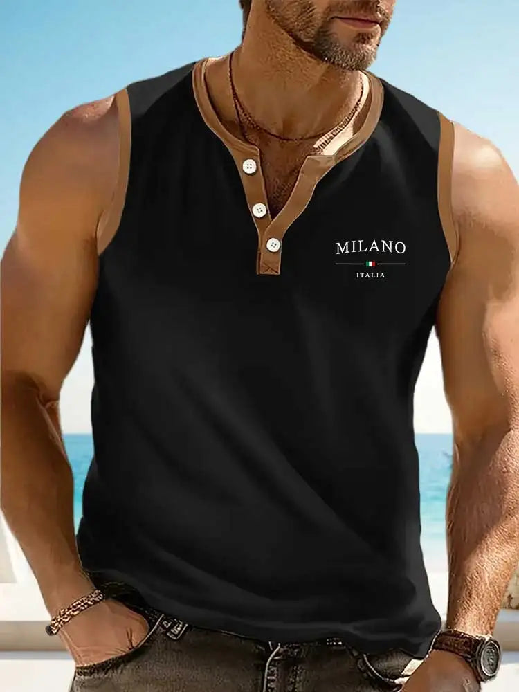 Men's Summer Henley Tank Top Letters Print Sleeveless T-shirt Casual