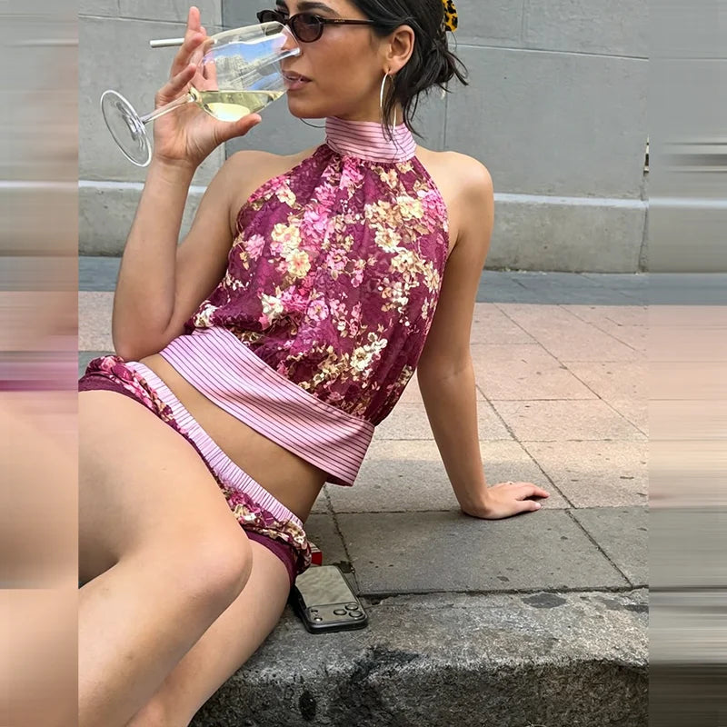 Women's Vintage Boho Floral Print Halter Neck Top Sleeveless Chiffon