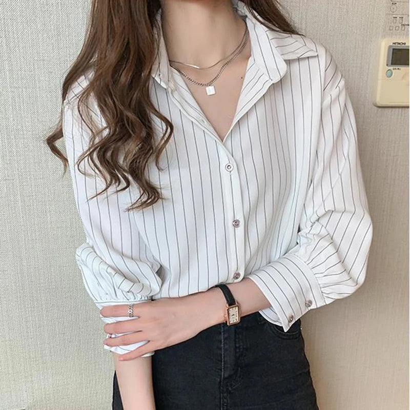Striped Shirt Women Summer Vintage Chic Loose Long Sleeve Top Y2K