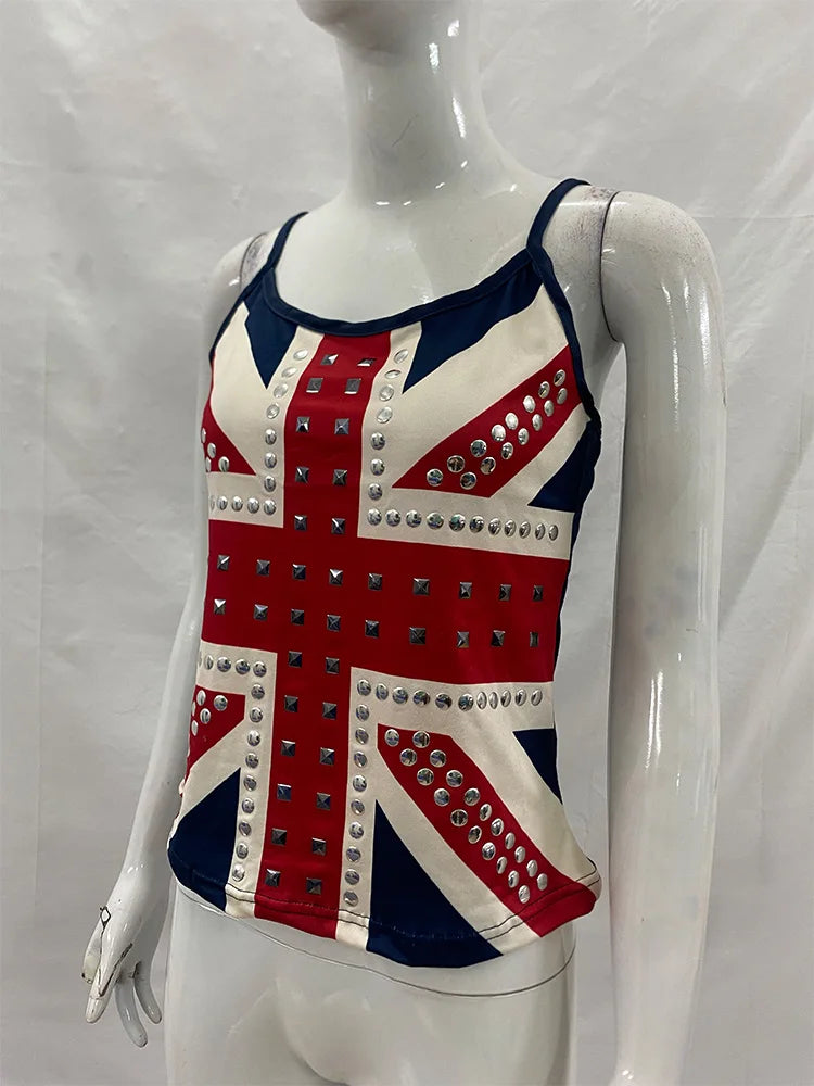 Summer Slim Fit Crop Tank Tops Women Union Jack Print Studded