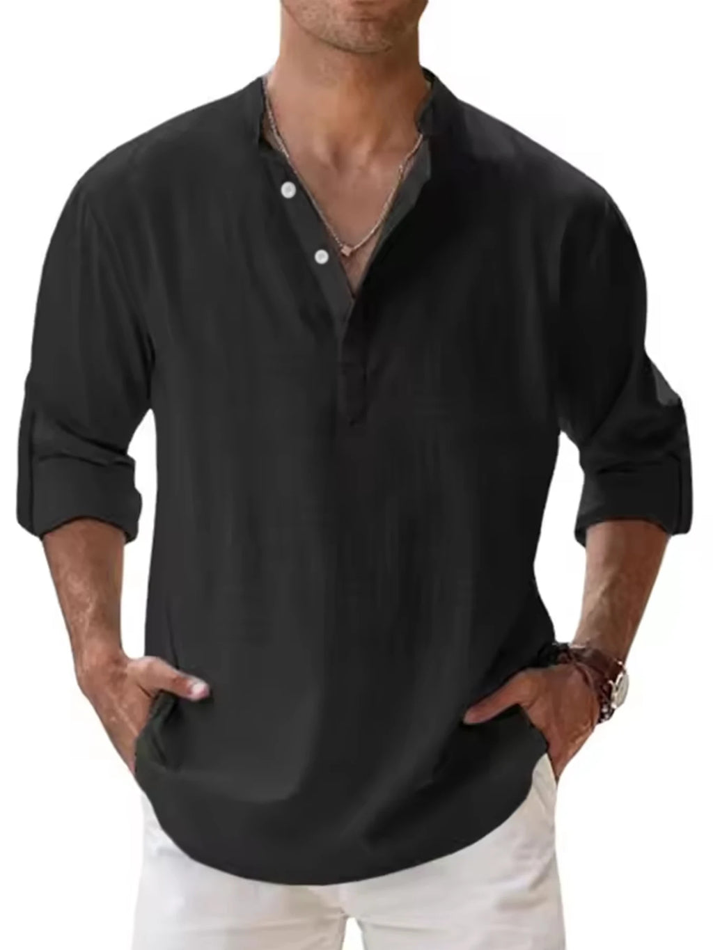 Men's Cotton Linen Henley Shirt Casual Long Sleeve Loose Fit Basic