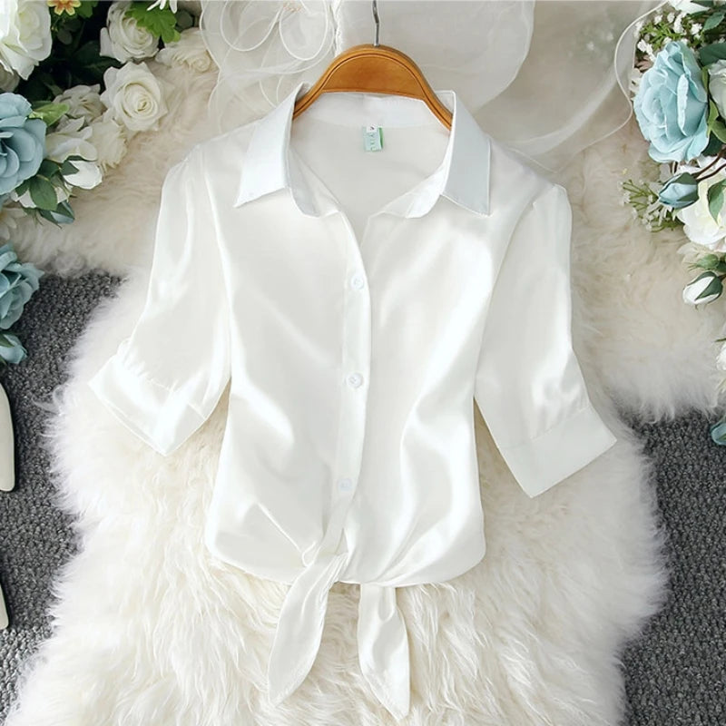 2023 Fashion Solid Color White Women Shirt Casual Blouses Autumn Half