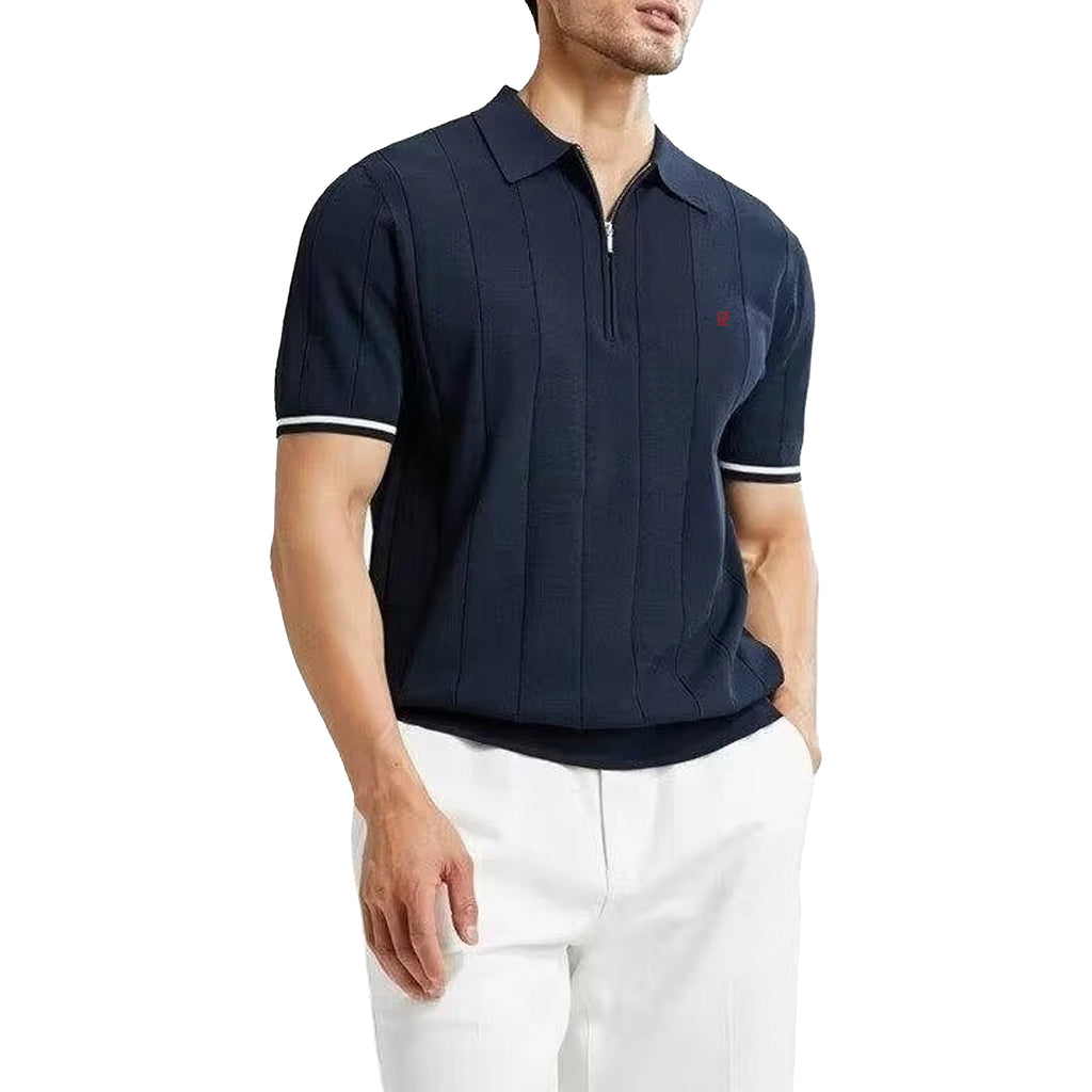 CH Men's Knitted Polo Shirt Half Zipper Lapel Short Sleeve Solid Color