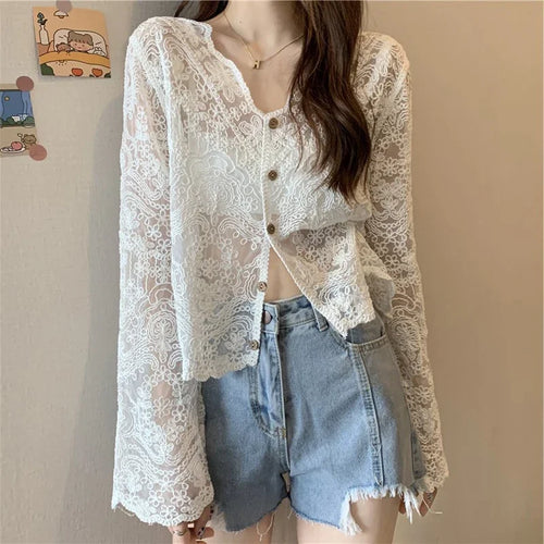 Vintage Summer Lace Blouses Women See Through Sheer Long Sleeve Sun