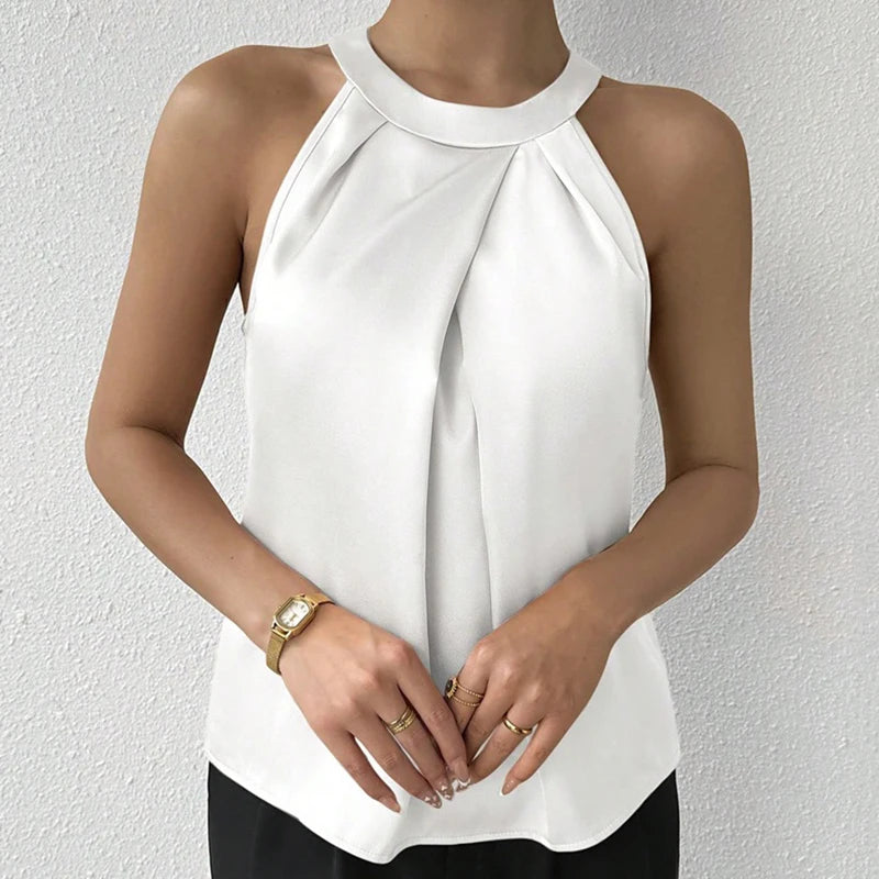 Summer Women's High End Satin Tank Shirt New Color Silk Blouse Round