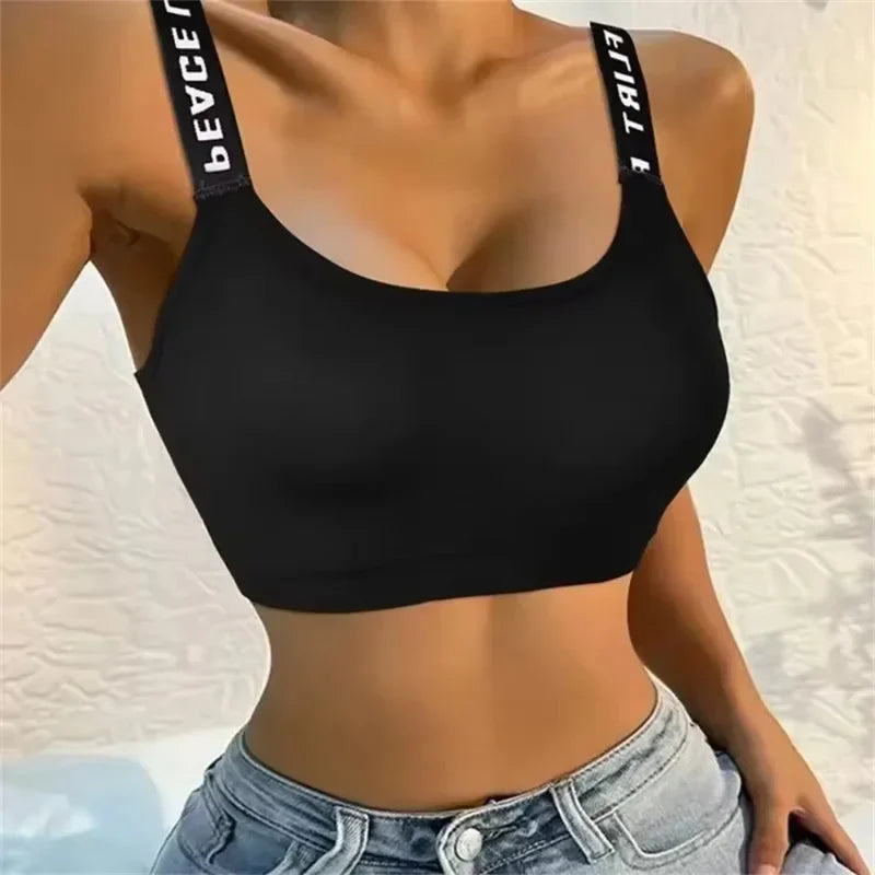 CHUANGERM Women's Seamless Sports Crop Top Wide Letter Straps Wireless