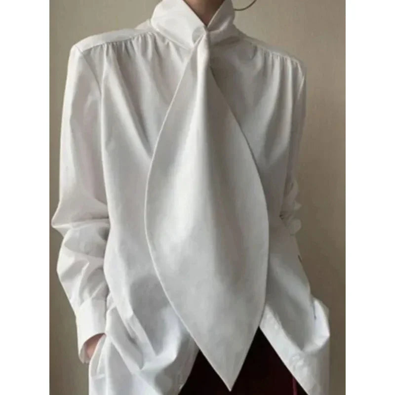 Bonboho Women's White High Neck Blouse With Statement Tie 2026 Spring