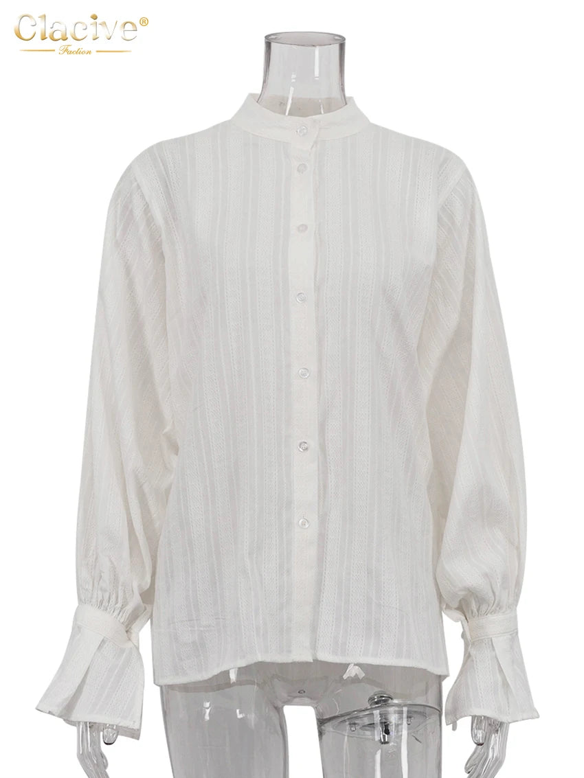 Clacive Fashion Loose White Cotton Women's Shirt 2025 Casual Lapel