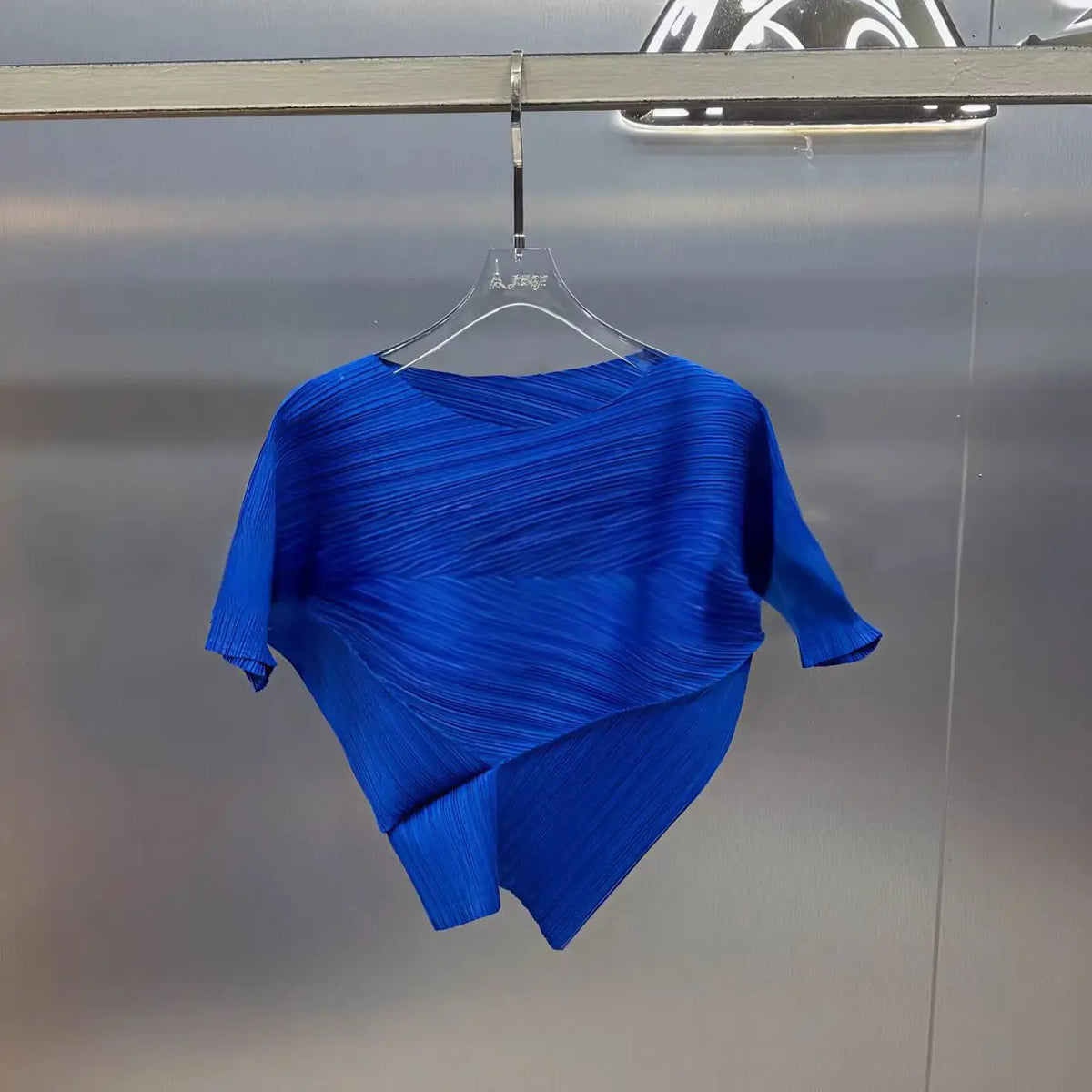 YUDX Vibrant Cyan Blue Miyake Pleated Asymmetric Short Sleeve Top,