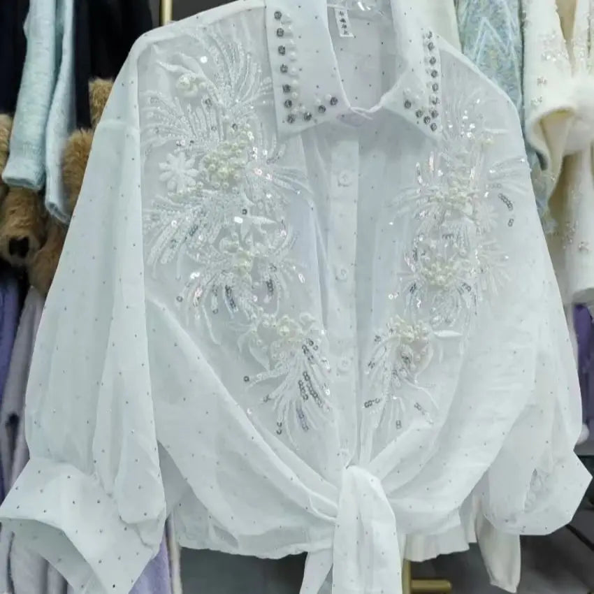 Luxury Diamonds Sequined Sunscreen Blouses Shirts Women 2026 Spring
