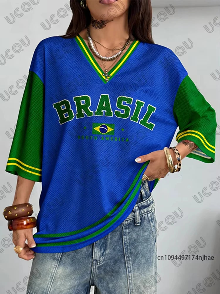 Summer New Vintage Brazil Print Women V-Neck T Shirt Patchwork Short