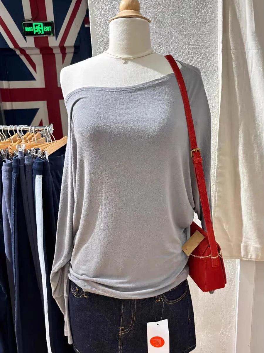 Long Batwing Sleeve T-shirts Woman Sexy Slash Neck Cotton Tee Shirts