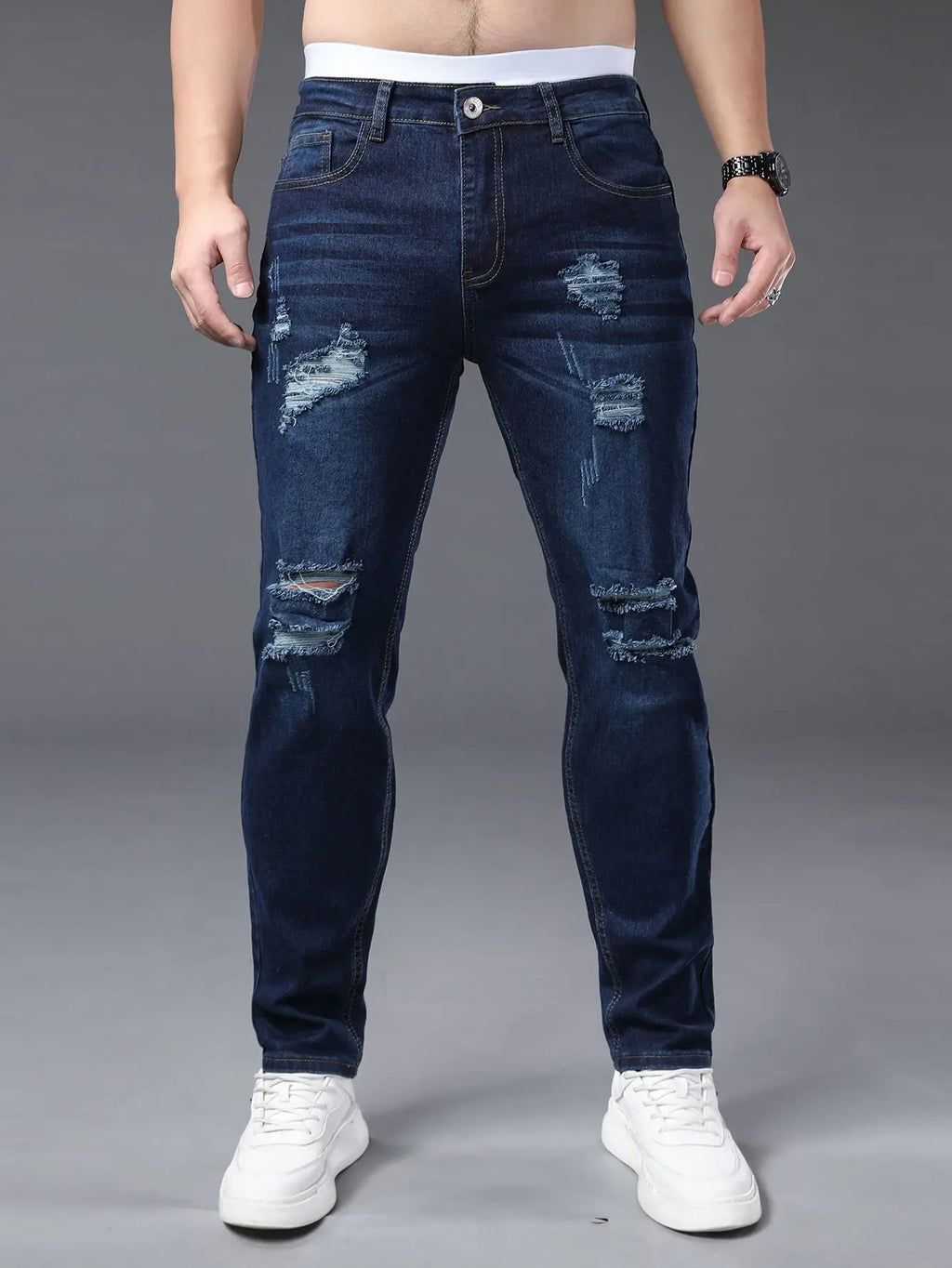 Men's plus size tight jeans with elastic holes, fashionable slim fit,