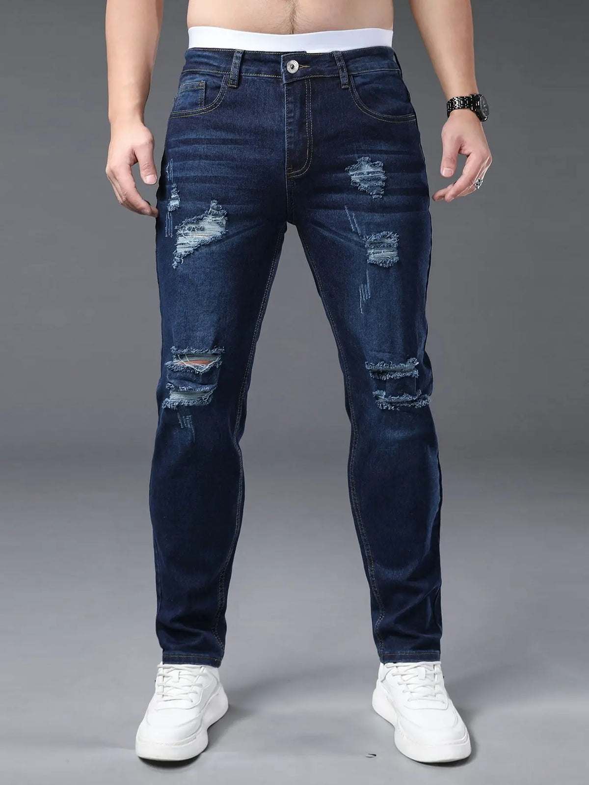 Men's plus size tight jeans with elastic holes, fashionable slim fit,
