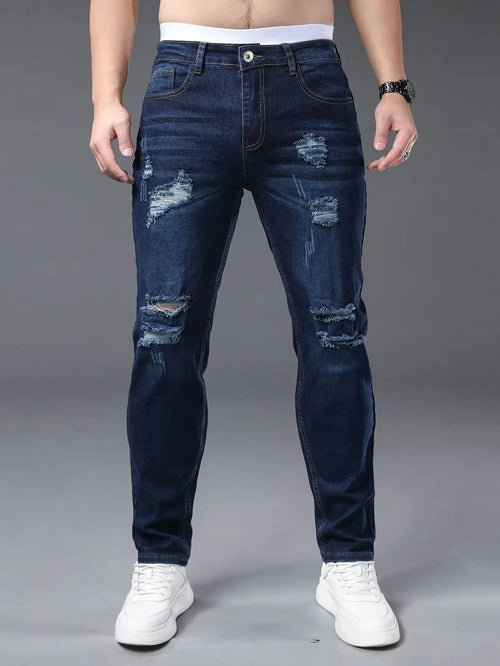 Men's plus size tight jeans with elastic holes, fashionable slim fit,
