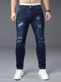 Men's plus size tight jeans with elastic holes, fashionable slim fit,