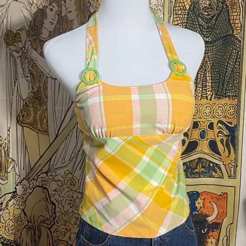 Japanese Vintage Plaid Halter Vest Women Sexy Backless Sleeveless Slim