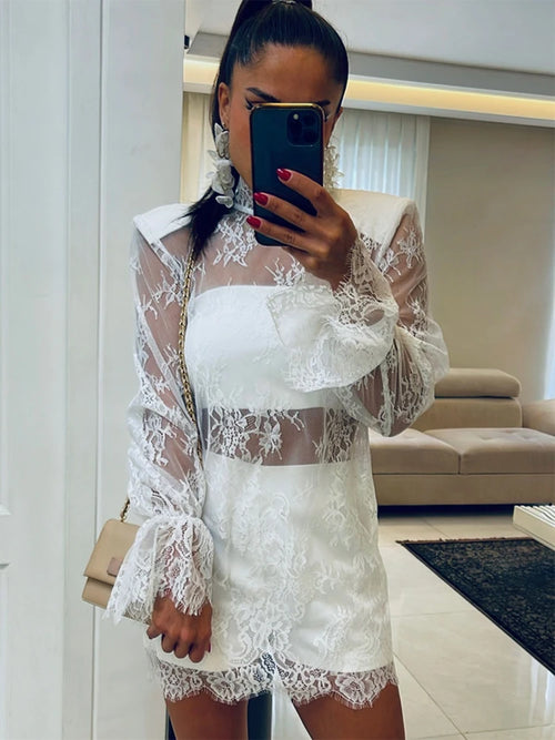 Chic Black Lace See Through Lady Fashion Top Half-high Collar Full