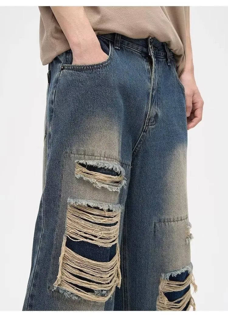 Y2K Man Jeans Korean retro hole repair jeans mens 2023 new American